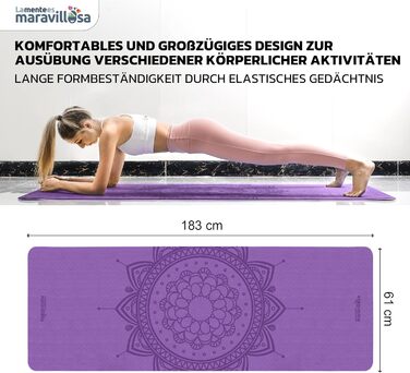 Килимок для гімнастики та йоги LA MENTE ES MARAVILLOSA з TPE, 183x61 см. Зручний для фітнесу, пілатесу, з сумкою та інструкцією. Захищає суглоби, для занять в приміщенні та на вулиці. Мандала, ліловий + рожевий