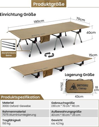 OneTigris SUPRANUBIS розкладне ліжко для кемпінгу 190x70 см, легке, портативне, до 150 кг, для намету, відпочинку на природі, подорожей, саду, офісу, колір Койот