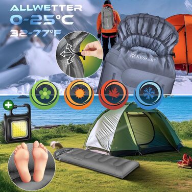 Сплячий мішок KESSER® Outdoor | Декальний спальний мішок 3-4 сезони | Для дорослих та дітей | Легкий, теплий, водостійкий | З лампою та кишенею (Сірий, 220 x 83 см)