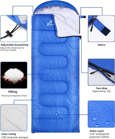 Сплячий мішок Outdoor Sportneer для дорослих та дітей - легкий спальник для кемпінгу, походів, рюкзаків 220x75см, блакитний