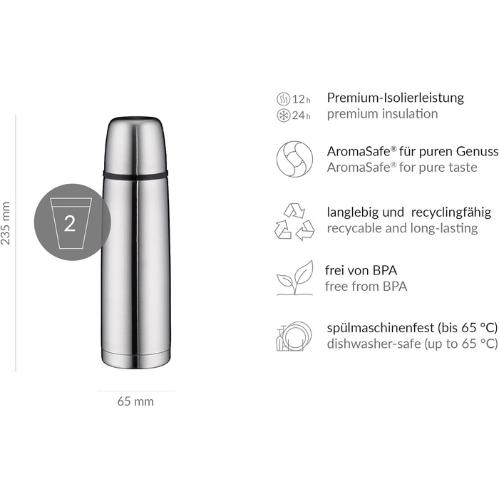 Термос alfi ISOTHERM PERFECT DV 500 мл із нержавіючої сталі з чашкою, герметичний, з гвинтовою кришкою, довго зберігає тепло, не залишає відбитків, міцний, можна мити в посудомийці, BPA-free