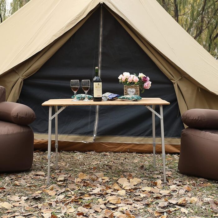 Складаний столик KingCamp з бамбука з UV-захистом, регульована висота, для кемпінгу, саду, грилю, пікніка, офісу (100x72 см/120x70 см), 3 рівня висоти - 100x65 см