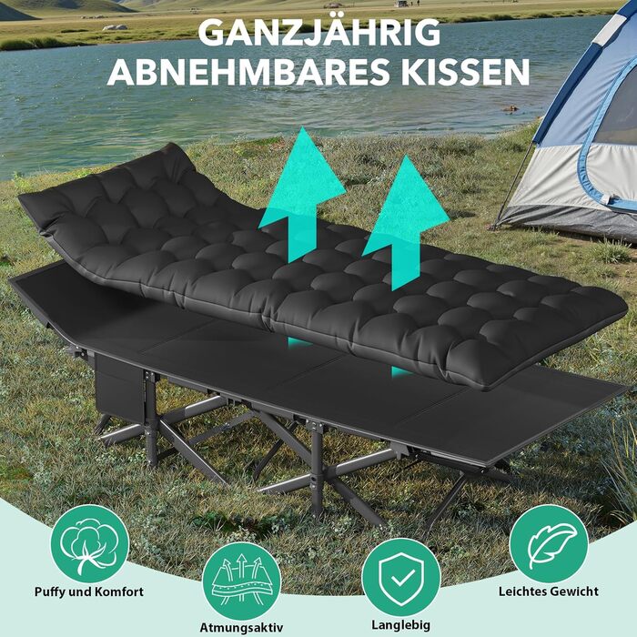 Розкладне ліжко-тахта для кемпінгу з матрацом, сталеве, чорне, 190x71x35 см