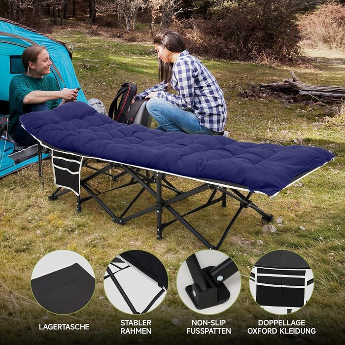 Розкладне ліжко Warmiehomy XXL з матрацом для дорослих, гостьове ліжко, широке та міцне, для кемпінгу, відпочинку, офісу, саду, сіре (блакитне), з матрацом