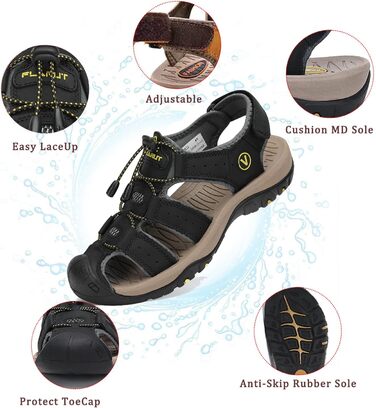 Чоловічі сандалі FLARUT для туризму, піших прогулянок та пляжу. Шкіряні трекінгові сандалі, спортивні літні кросівки 43 EU, чорні