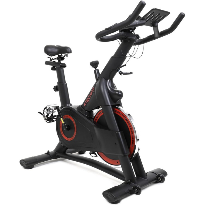 Велотренажер TechFit Professional Indoor Cycle з маховиком 20 кг, магнітним опором (99 рівнів), Bluetooth, дисплеєм, кріпленням для планшета, алюмінієвими педалями та регульованим кермом. Максимальна вага користувача: 200 кг. Розміри: 117x107x53 см