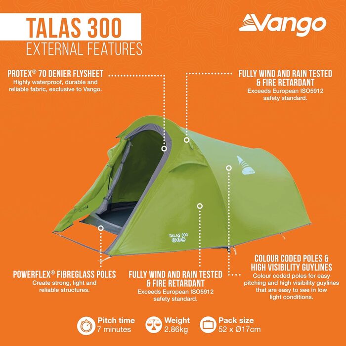 Намет Vango Talas 300 Tunnel: 3-місний, водонепроникний, для кемпінгу, колір Treetops Green