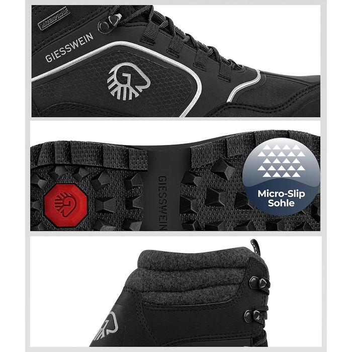 Чоловічі водонепроникні трекінгові черевики Giesswein Wool Cross X Alpine - зручні та теплі, з 100% мериносової вовни, для хайкінгу та походів, чорний колір, 45 EU