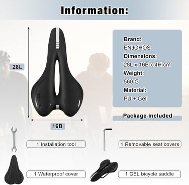 Велосипедне сідло ENJOHOS: водонепроникне, PU, для MTB, Trekking, Tour, шосе, чорний колір