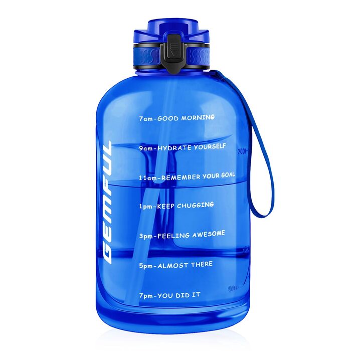 Пляшка спортивна GEMFUL 3л з міткою часу, соломинкою та ручкою, BPA-free, не протікає, для фітнесу, тренувань та активного зволоження (Королівський синій)