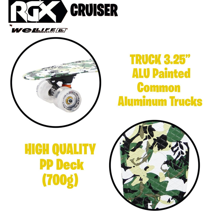 Скейтборд WeLLIFE Mini Cruiser 22'' (56 см), PU колеса з LED, ABEC-7, для підлітків і дорослих, військовий стиль