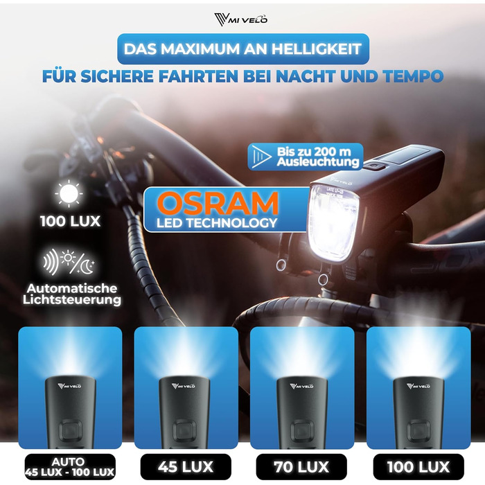 Набір велосипедних ліхтарів MIVELO з акумулятором, сертифікований StVZO, USB-зарядка, водонепроникність, передній та задній ліхтар, клас енергоефективності A+++ SMART Ultimate з гальмівним ліхтарем