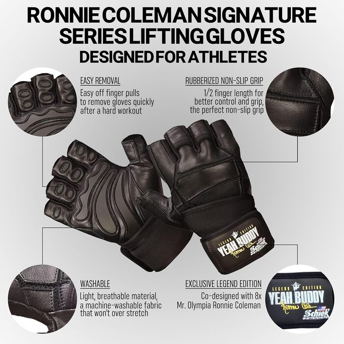 Рукавички для важкої атлетики Schiek Ronnie Coleman Signature Series XL, зносостійкі, для тренажерного залу