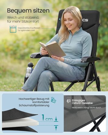 Складний туристичний стілець SONGMICS для відпочинку, риболовлі та кемпінгу, чорний, з регульованою спинкою 95°-150°