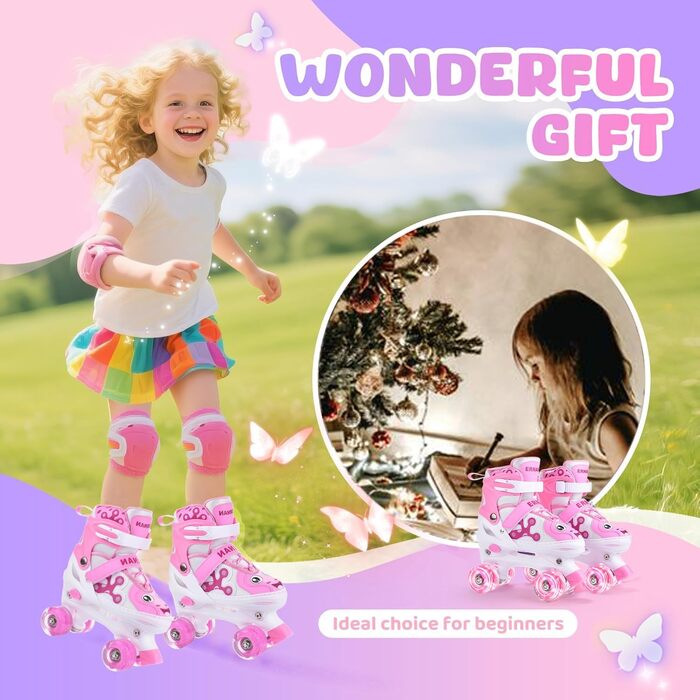 Роликові ковзани для дітей та дорослих ERAN з LED підсвічуванням. Комфортні ролики для початківців та підлітків. Ідеальний подарунок на Різдво та день народження (рожевий, розмір S)