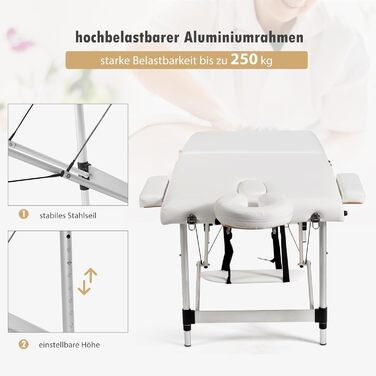 Масажний стіл Costway з алюмінієвого сплаву 70 см, 2-рівневий складний масажний стіл з сумкою, знімні підголовник та підлокітники, регульована висота для фізіотерапії та масажу