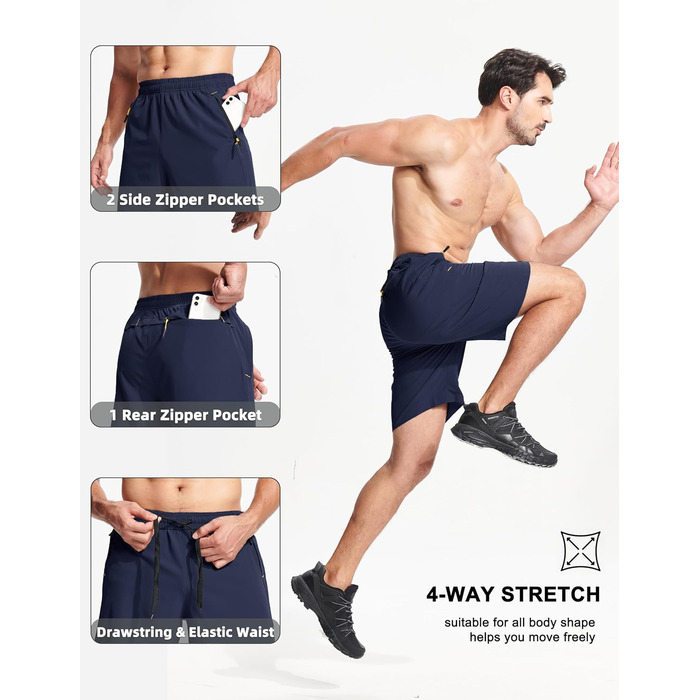 Шорти спортивні чоловічі MAGCOMSEN, дихаючі, легкі, для тренувань та прогулянок, з кишенями на блискавці (темно-синій, 36)