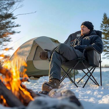 Овермонт: Обігрівальний XL стілець для кемпінгу, дорослий – складаний стілець, ідеальний для зимових походів, кемпінгу та риболовлі (Чорно-сірий)
