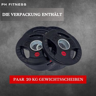 Олімпійські диски PH Fitness 20 кг, гума та чавун, тригранна ручка, 50 мм, набір для штанги та гантелей, преміум-якість, для домашнього спортзалу