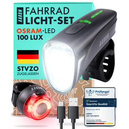 Велофара AARON 100/50 LUX: комплект передньої та задньої велофари, USB, StVZO, водонепроникна, для міських велосипедистів та електровелосипедів