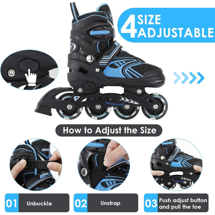 Інлайнерожі TOMSHOO з LED-колесами, регульовані, для дітей та дорослих, блакитні