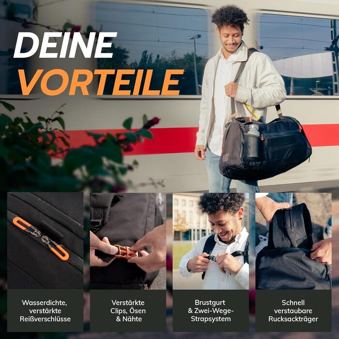 Спортивна сумка [з переробленого PET] 50L – сумка для тренувань та рюкзак 2в1 – водонепроникна спортивна сумка для чоловіків та жінок – спортивний рюкзак з відділенням для взуття, велика туристична сумка (Obsidian Ember Black)