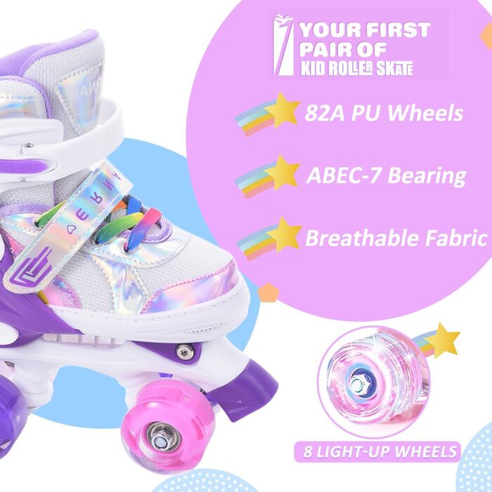 Ролики дитячі та жіночі ERAN з LED підсвіткою, комфортні, для початківців та підлітків, подарунок на Різдво та день народження (Райдужний фіолетовий, S)