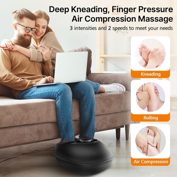 Масажер для ніг з підігрівом, електричний, 3D-кнесінг, роликовий та повітряна компресія, для зняття втоми, подарунок для чоловіків/жінок, чорний
