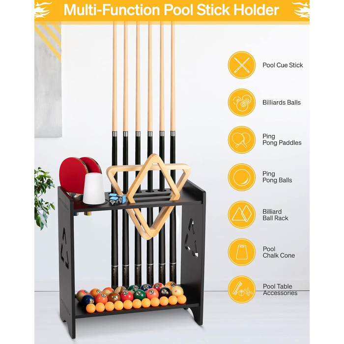 Підставка для більярдних київ EXTCCT Poolstock-Halter, підлоговий органайзер з масиву дуба на 9 київ та аксесуарів з тримачем для крейди, чорний