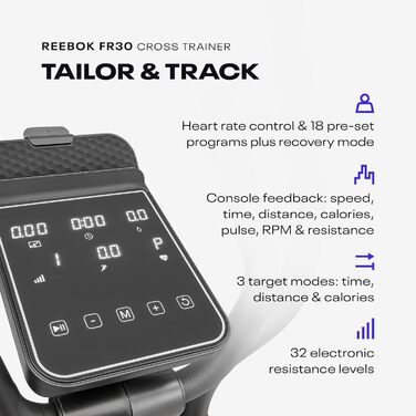 Еліптичний тренажер Reebok FR30 з Kinomap, маховик 9 кг, LED-дисплей, 32 рівні опору, 18 програм