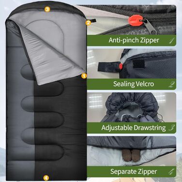 Сплячий мішок Outdoor для дорослих, машинного прання, зимовий, водонепроникний, 3-4 сезони, з компресійним мішком. Підходить для кемпінгу, походів, подорожей. Температурний режим: 0°C (комфорт 5°C). Чорний (220x85 см, L)