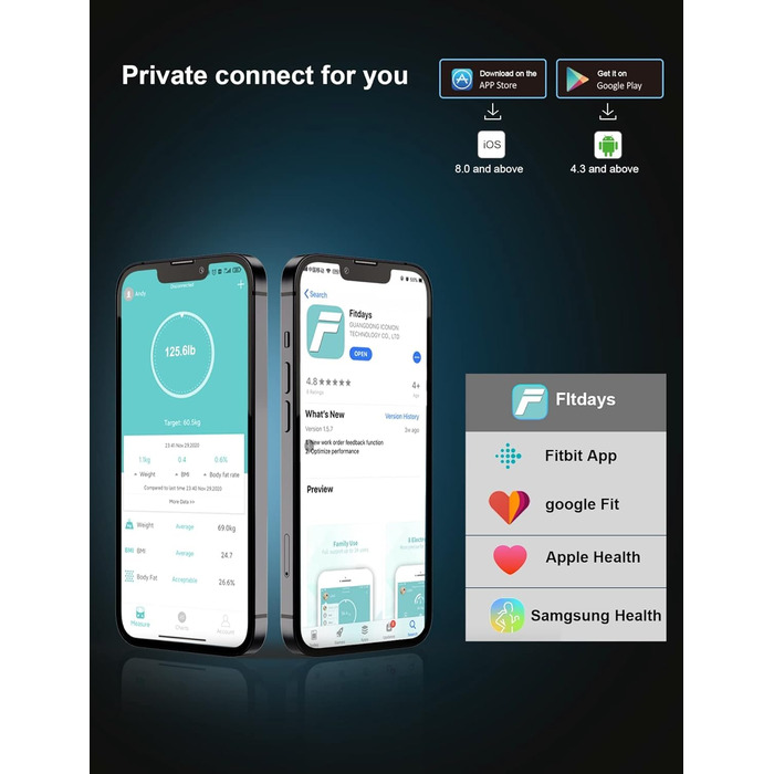 Цифрова вага для аналізу складу тіла з Bluetooth та додатком, Körperfettwaage 260 Dark Cyan Tarnish – визначення жиру, ІМТ, м'язової маси, води, білка, кісткової маси, BMR