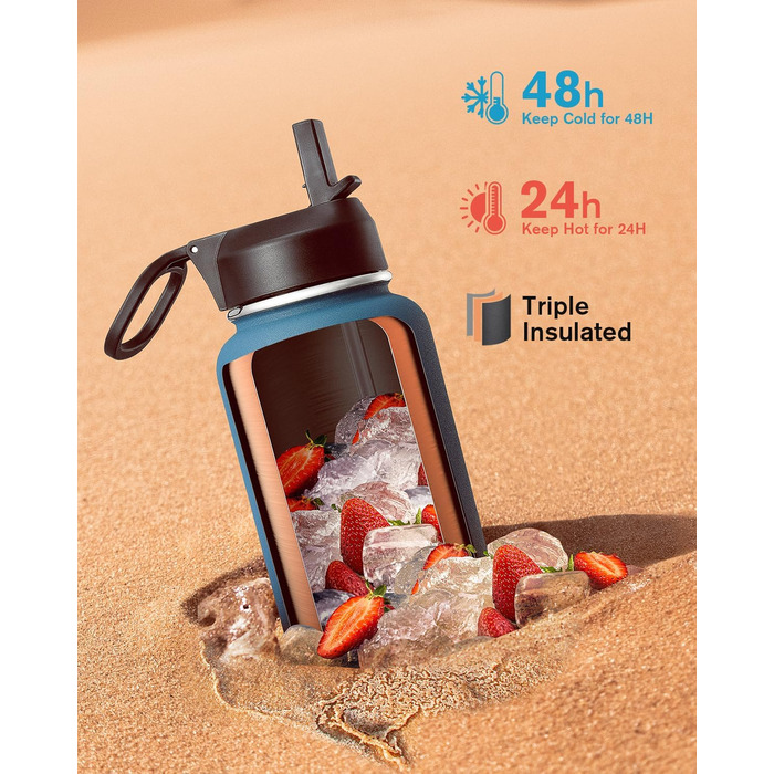 Термос-пляшка Coolflask 1180 мл з трубочкою та 3 кришками, ізольована металева пляшка для води, спорт або офіс, подвійна вакуумна ізоляція, легко миється, індиго-чорна