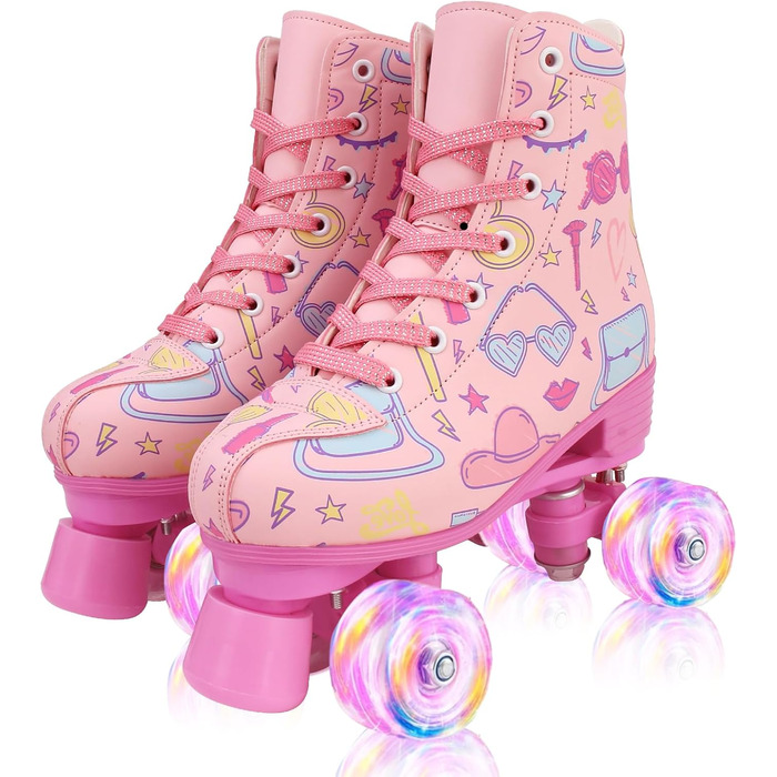 Роликові ковзани XUDREZ з підсвічуванням для дітей та дорослих, рожевий принт, Quad-Skates, регульовані, для дівчаток, дам та початківців, розмір 34