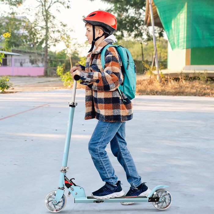 Дитячий ролер GOPLUS Roller Kinder 4, ролер для дітей 4 роки, з LED-підсвіткою, гальмом та підніжкою, регульована висота, алюмінієвий, складний, до 70 кг, блакитний