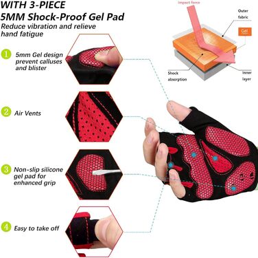 Велосипедні рукавички BIKINGMOREOK для чоловіків та жінок, напівпальцеві, дихаючі, з гелевою амортизацією, антиковзні, MTB, Mountainbike, червоні, XL