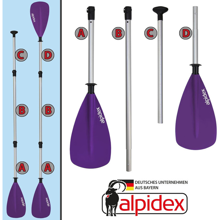 ALPIDEX 2-в-1 весло SUP/каяк регульоване, легке, телескопічне (160-207см), алюмінієве, для веслування на SUP та каяках (фіолетовий)