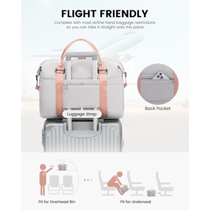 Спортивна сумка LOVEVOOK для жінок: водонепроникна дорожня сумка-мішок, 30L, сіра + рожевий ремінець