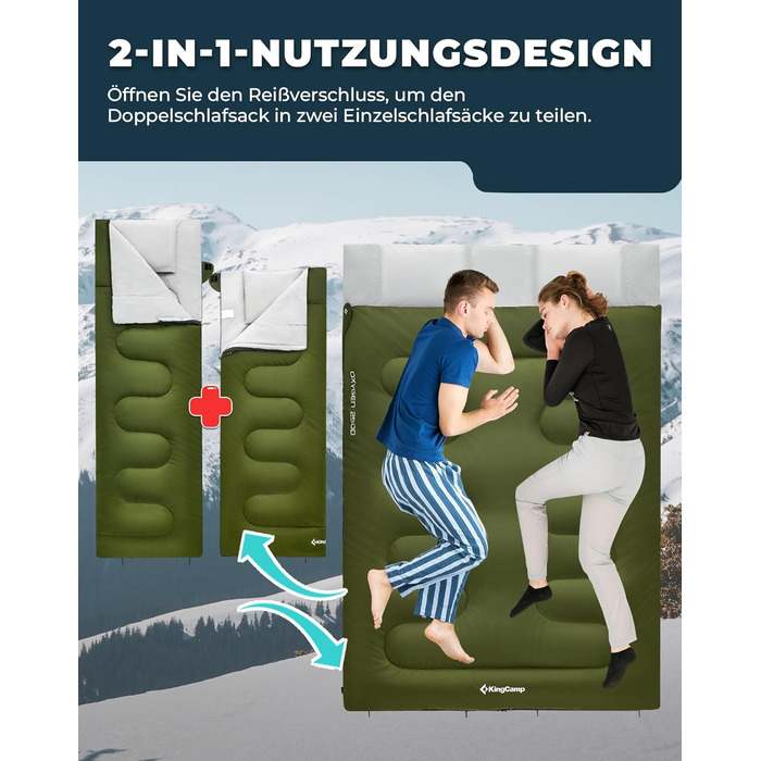 Сплячий мішок KingCamp для двох осіб, зимовий, для кемпінгу, оливковий