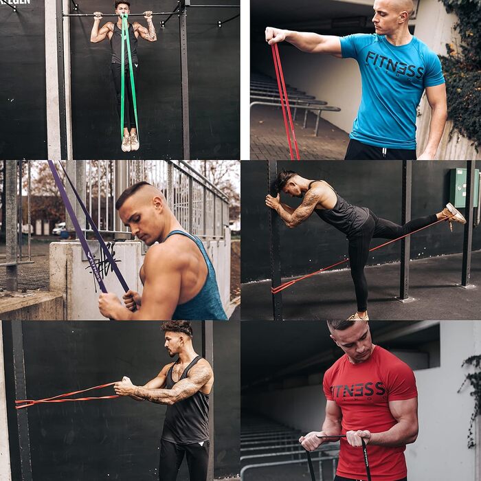 Еластичні гумки для фітнесу - набір 6 шт. / окремо з сумкою та інструкцією. Тренування вдома, тяга, фітнес-гумки (жовтий, червоний, чорний, фіолетовий, зелений, синій)