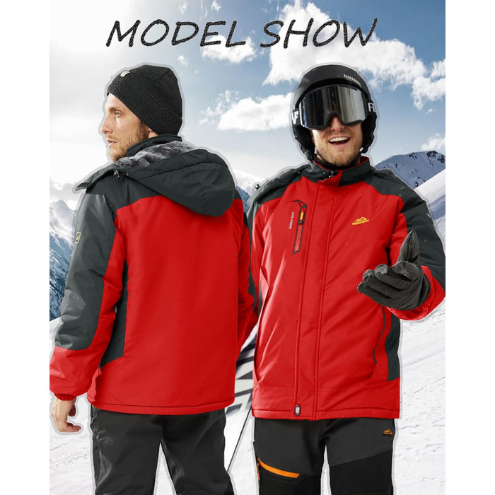 Зимова куртка KEFITEVD для чоловіків: водонепроникна, тепла, з капюшоном, Softshell, флісова, червона, XL