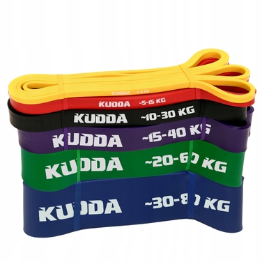 Набір фітнес-резинок KUDDA, 6 шт., багатоколірні, 208 см, опір 2-80 кг