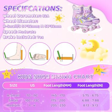 Дитячі ролики Nattork для дівчаток, 4-разове регулювання, райдужні кольори, розмір 32-36 EU (205-230 мм), фіолетовий