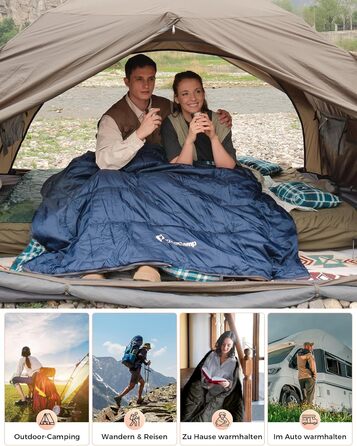 Спальний мішок KingCamp для 2 осіб з фланелі, зимовий, теплий, 3-4 сезони, з 2 подушками, для кемпінгу та відпочинку на природі, синій