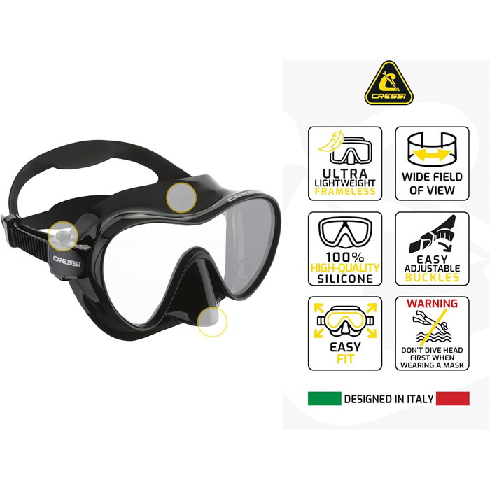 Маска для снорклінгу та дайвінгу Cressi F1, унісекс, без рамки, бірюзова