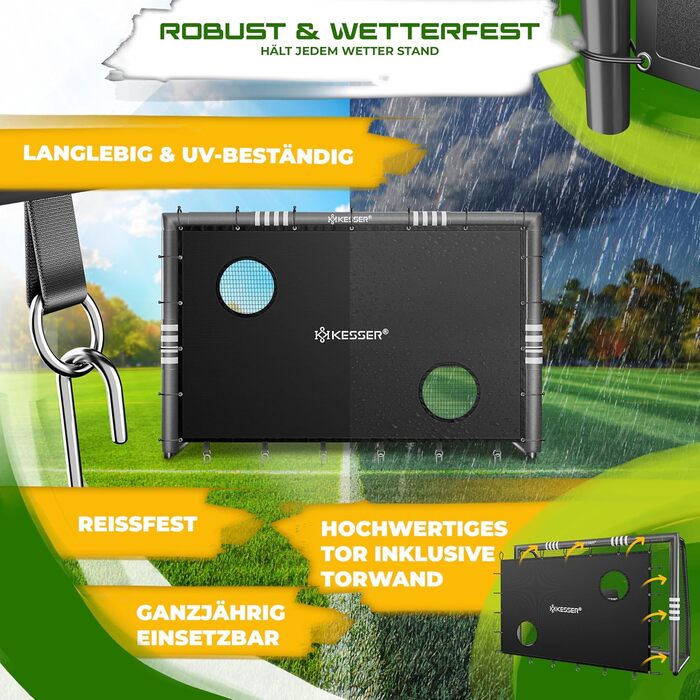 Ворота для футболу KESSER® для саду: міцні, для тренувань, з UV-стійким сітком, сталевий каркас з м'якою обшивкою, земляні кілки, насос, конуси, аксесуари для монтажу (300 см, з торговою панеллю, антрацит)