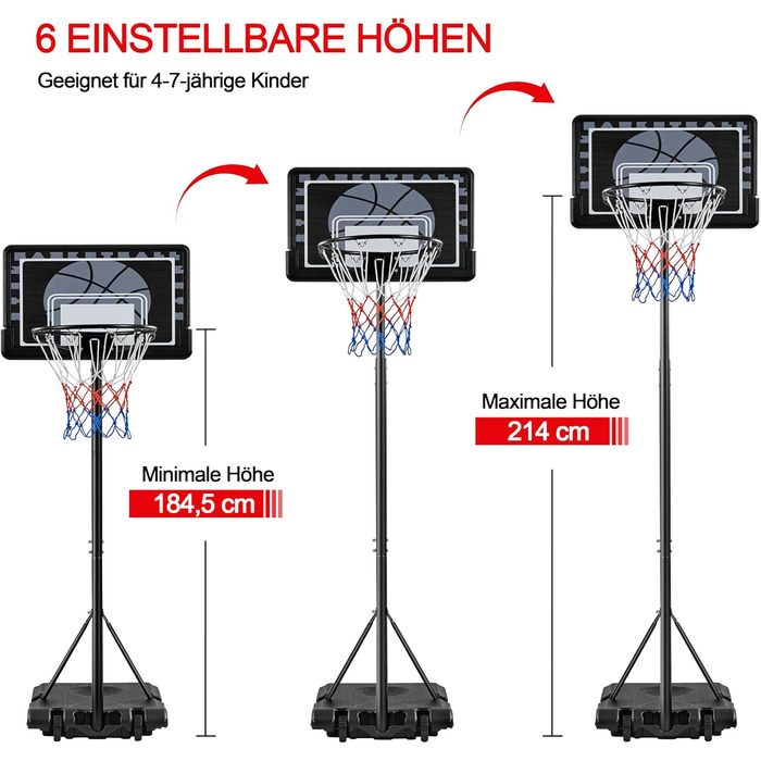 Баскетбольне кільце Yaheetech з регульованою висотою на стійці з колесами для вулиці та приміщення (76,5x56,5x249 см)