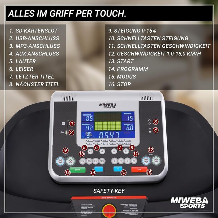 Електричний біговий тренажер Miweba Sports HT5000 | 7 PS, 18 км/год, нахил до 15%, вантажопідйомність 150 кг, з додатком, складаний, велика площа для бігу, 12 програм, для дому, чорний