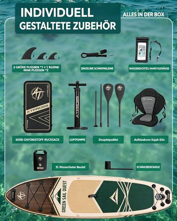 SUP дошка для плавання стоячи з сидінням та аксесуарами, 320x84 см, зелений (Waldgrün-Holz), вантажопідйомність 200 кг, для 2 осіб
