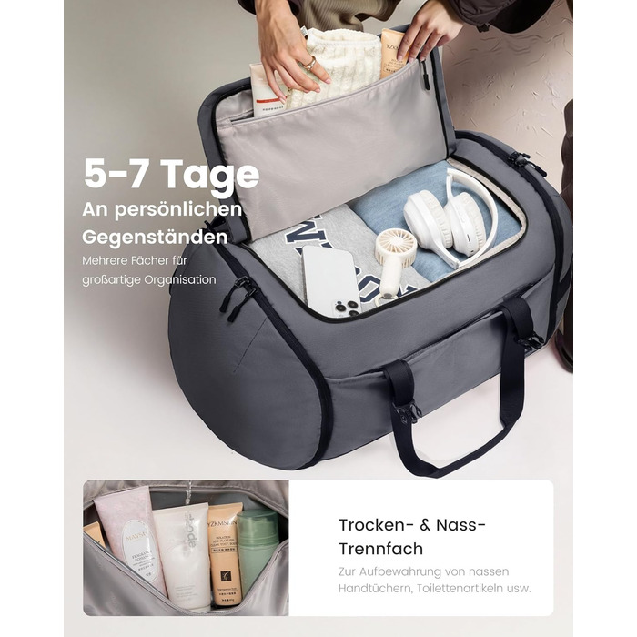 Спортивна сумка LOVEVOOK для чоловіків з відділенням для взуття, 65L, сіро-чорна.  Чоловіча сумка для спортзал, подорожі, ручна поклажа, 52x45x28 см.